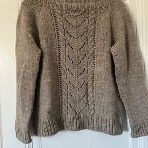 Soft Taupe Cable-Front Crewneck Sweater. Hand knit. Small hole.